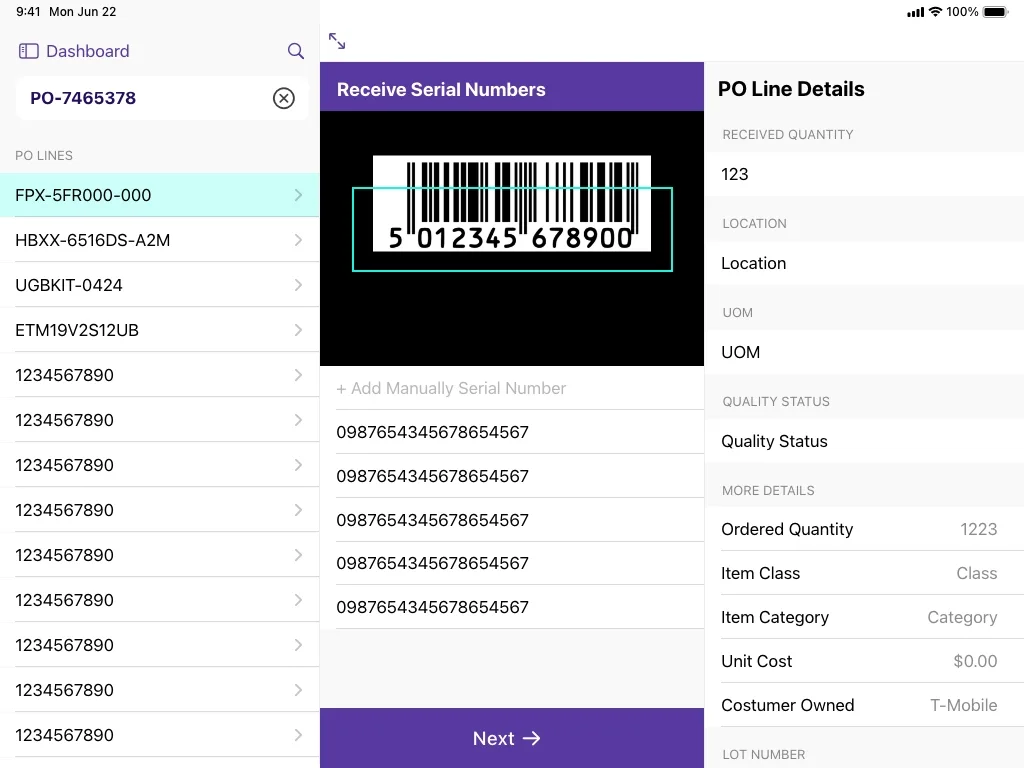 Receive serial numbers