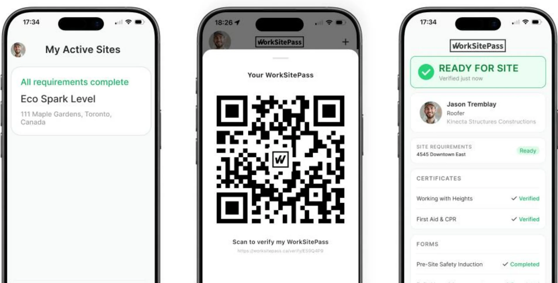 Three phone screens: worker's active sites, scannable QR pass, and Ready for Site result